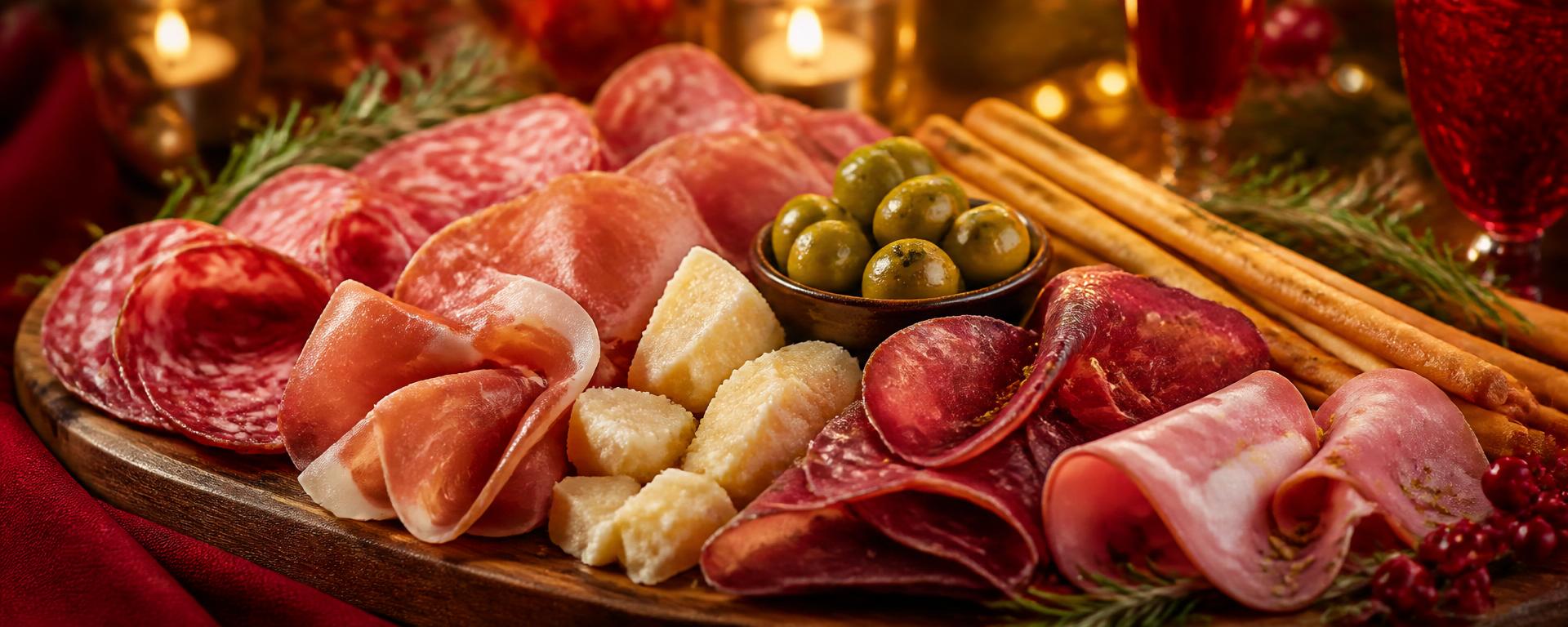 Tagliere natalizio di salumi e affettati Citterio con grissini e olive